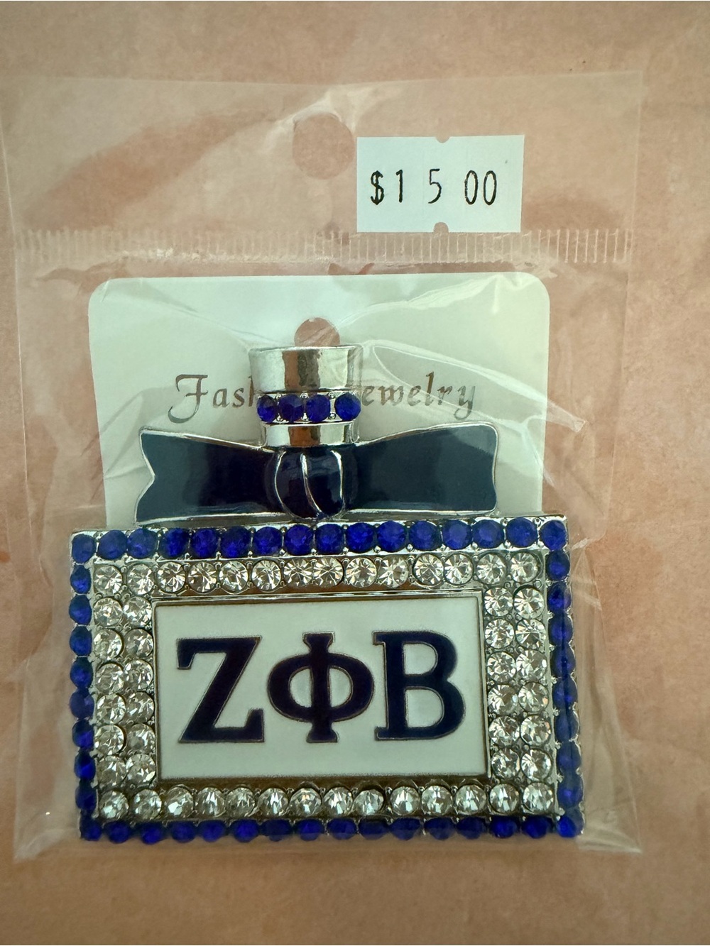 Zeta Phi Beta Rhinestone Perfume Bottle Pin - Blue and Silver